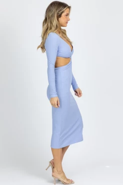 PRETTY GARBAGE PERI BLUE LONG SLEEVE O-RING MIDI DRESS NEW ARRIVALS