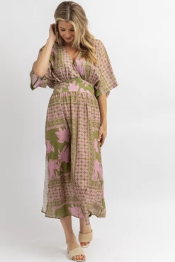 CEZELE PETAL PINK + GREEN SLIT MAXI DRESS