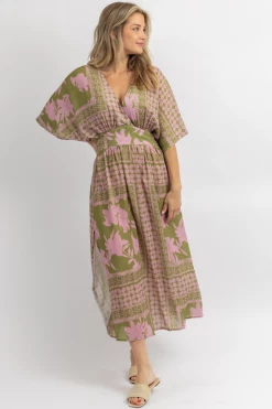 CEZELE PETAL PINK + GREEN SLIT MAXI DRESS