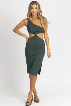 CRESCENT CLOTHING PINE FRONT KNOT ASYMMETRIC MIDI DRESS