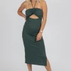 CRESCENT PINE CUTOUT HALTER RUCHED MIDI DRESS CLOTHING