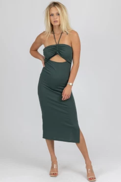 CRESCENT PINE CUTOUT HALTER RUCHED MIDI DRESS CLOTHING