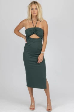 CRESCENT PINE CUTOUT HALTER RUCHED MIDI DRESS CLOTHING