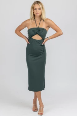 CRESCENT PINE CUTOUT HALTER RUCHED MIDI DRESS CLOTHING