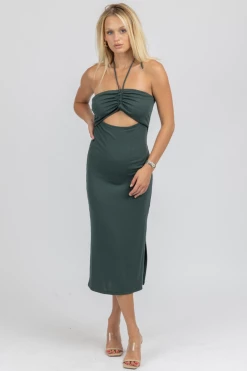 CRESCENT PINE CUTOUT HALTER RUCHED MIDI DRESS CLOTHING