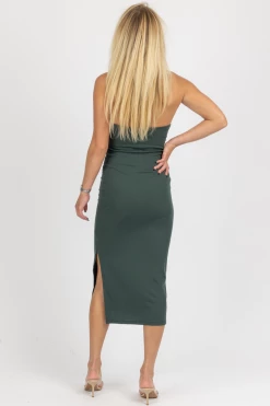 CRESCENT PINE CUTOUT HALTER RUCHED MIDI DRESS CLOTHING