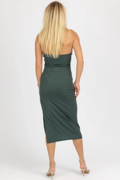CRESCENT PINE CUTOUT HALTER RUCHED MIDI DRESS CLOTHING