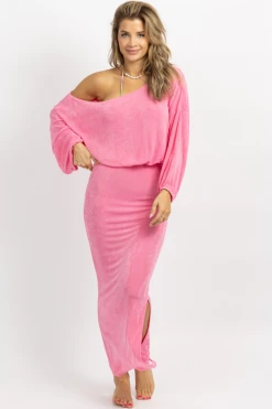 DEE ELLY NEW ARRIVALS HOT PINK CROP + SKIRT COVER UP SET