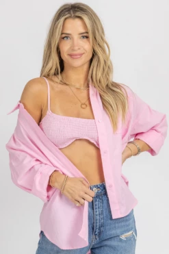 LE LIS NEW ARRIVALS PINK BRALETTE + BUTTON DOWN