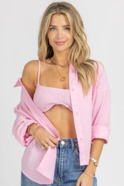 LE LIS NEW ARRIVALS PINK BRALETTE + BUTTON DOWN