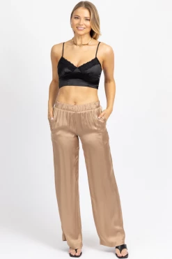 OLIVACEOUS HAZELNUT SATIN WIDE LEG PANT