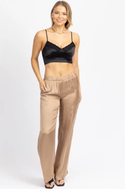 OLIVACEOUS HAZELNUT SATIN WIDE LEG PANT