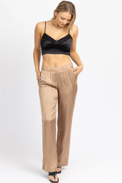 OLIVACEOUS HAZELNUT SATIN WIDE LEG PANT