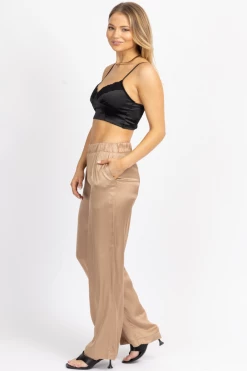 OLIVACEOUS HAZELNUT SATIN WIDE LEG PANT