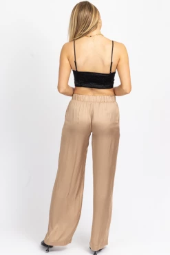 OLIVACEOUS HAZELNUT SATIN WIDE LEG PANT