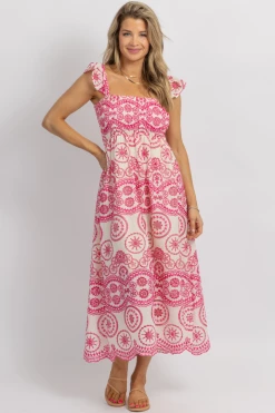 SUNDAY UP FUCHSIA EMBROIDERED EYELET RUFFLE STRAP MIDI DRESS