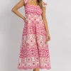 SUNDAY UP FUCHSIA EMBROIDERED EYELET RUFFLE STRAP MIDI DRESS