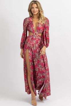 LUXXEL FUCHSIA FLORAL-VELVET SLIT MAXI DRESS *RESTOCK COMING SOON*