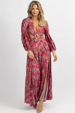LUXXEL FUCHSIA FLORAL-VELVET SLIT MAXI DRESS *RESTOCK COMING SOON*