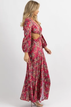 LUXXEL FUCHSIA FLORAL-VELVET SLIT MAXI DRESS *RESTOCK COMING SOON*