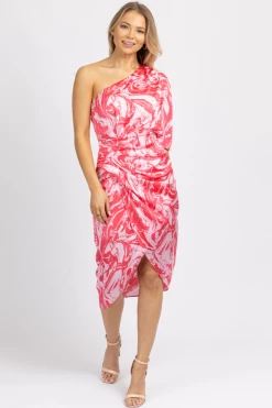 DO + BE PINK MARBLE SATIN ONE SHOULDER MIDI DRESS NEW ARRIVALS