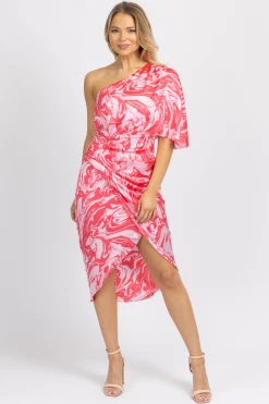 DO + BE PINK MARBLE SATIN ONE SHOULDER MIDI DRESS NEW ARRIVALS