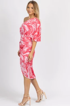 DO + BE PINK MARBLE SATIN ONE SHOULDER MIDI DRESS NEW ARRIVALS
