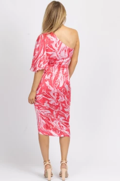 DO + BE PINK MARBLE SATIN ONE SHOULDER MIDI DRESS NEW ARRIVALS