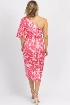 DO + BE PINK MARBLE SATIN ONE SHOULDER MIDI DRESS NEW ARRIVALS