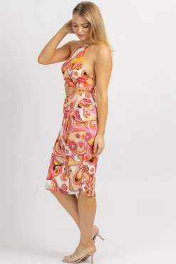 FORE COLLECTION NEW ARRIVALS PINK RETRO MULTIFLORAL MIDI SKIRT SET