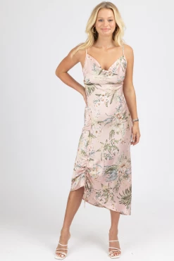 MABLE PINK TROPICAL SATIN SIDE RUCHED MIDI DRESS NEW ARRIVALS