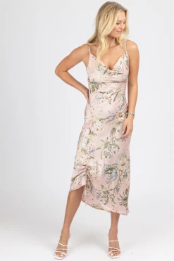 MABLE PINK TROPICAL SATIN SIDE RUCHED MIDI DRESS NEW ARRIVALS 8 MABLE PINK TROPICAL SATIN SIDE RUCHED MIDI DRESS NEW ARRIVALS
