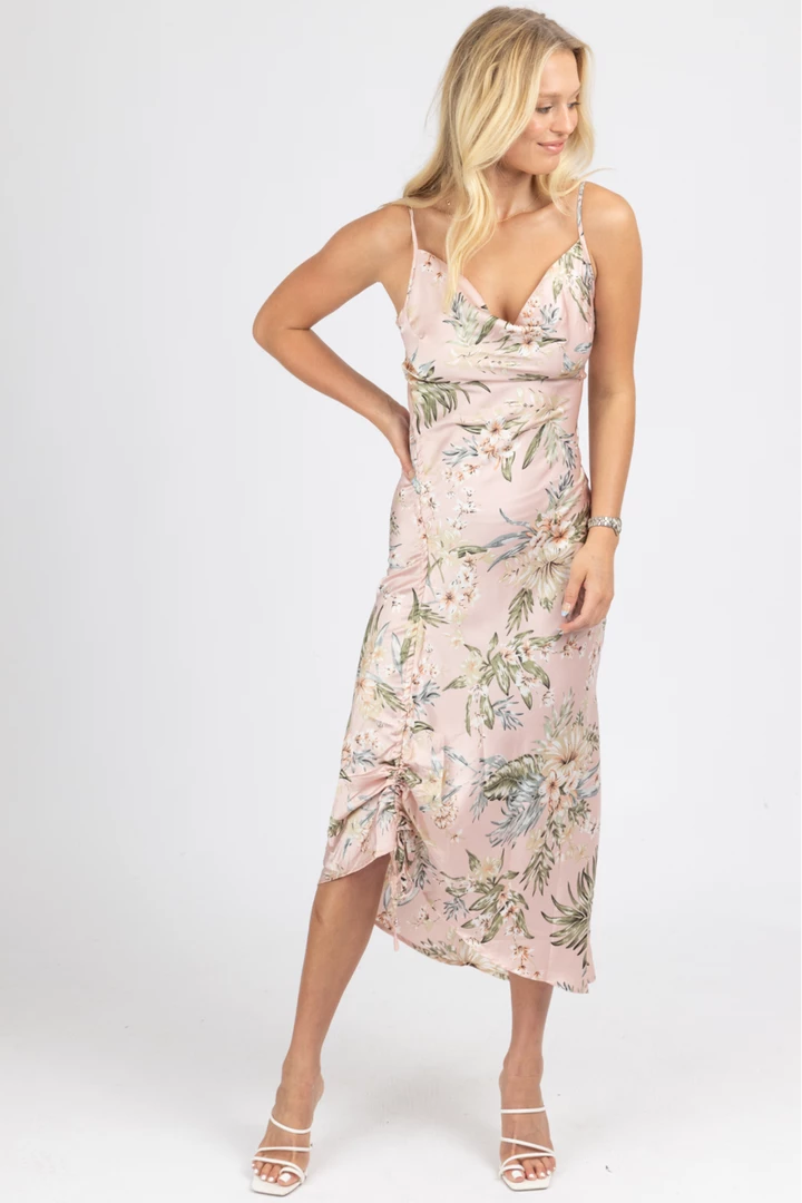 MABLE PINK TROPICAL SATIN SIDE RUCHED MIDI DRESS NEW ARRIVALS 3 MABLE PINK TROPICAL SATIN SIDE RUCHED MIDI DRESS NEW ARRIVALS