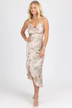 MABLE PINK TROPICAL SATIN SIDE RUCHED MIDI DRESS NEW ARRIVALS