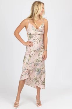 MABLE PINK TROPICAL SATIN SIDE RUCHED MIDI DRESS NEW ARRIVALS 9 MABLE PINK TROPICAL SATIN SIDE RUCHED MIDI DRESS NEW ARRIVALS