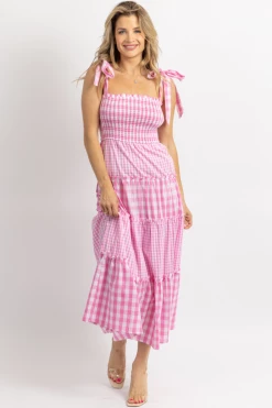 DAY + MOON PINK MIXED GINGHAM SMOCKED MAXI DRESS