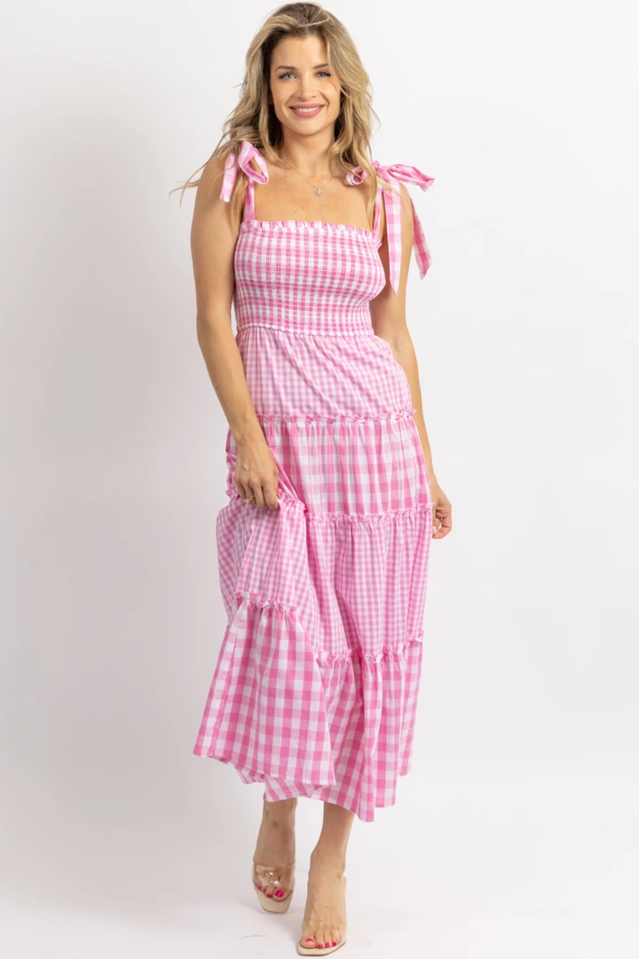 DAY + MOON PINK MIXED GINGHAM SMOCKED MAXI DRESS 2 DAY + MOON PINK MIXED GINGHAM SMOCKED MAXI DRESS