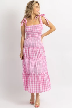 DAY + MOON PINK MIXED GINGHAM SMOCKED MAXI DRESS 12 DAY + MOON PINK MIXED GINGHAM SMOCKED MAXI DRESS