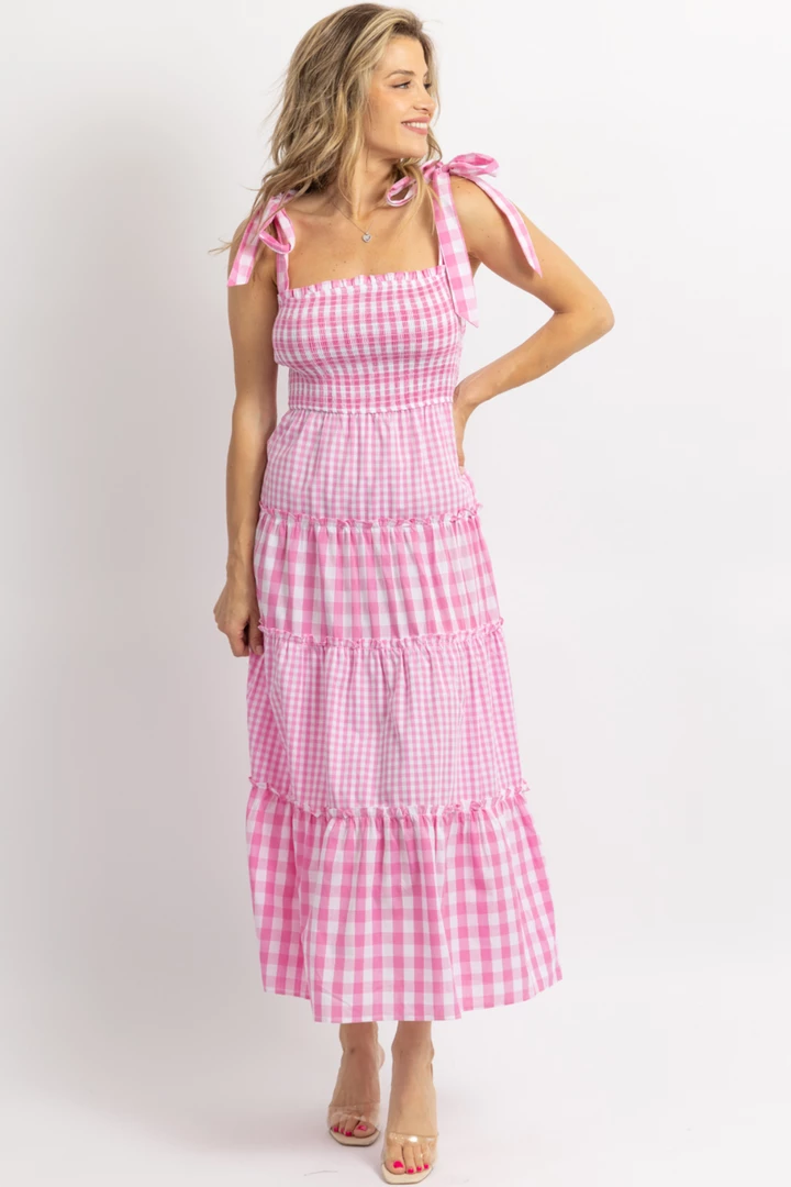 DAY + MOON PINK MIXED GINGHAM SMOCKED MAXI DRESS 4 DAY + MOON PINK MIXED GINGHAM SMOCKED MAXI DRESS