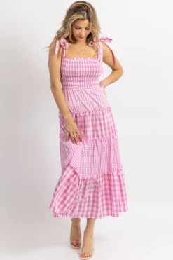 DAY + MOON PINK MIXED GINGHAM SMOCKED MAXI DRESS 11 DAY + MOON PINK MIXED GINGHAM SMOCKED MAXI DRESS