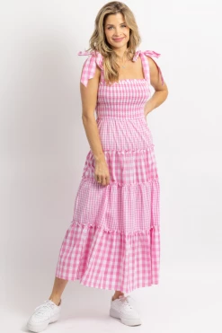 DAY + MOON PINK MIXED GINGHAM SMOCKED MAXI DRESS 13 DAY + MOON PINK MIXED GINGHAM SMOCKED MAXI DRESS