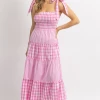 DAY + MOON PINK MIXED GINGHAM SMOCKED MAXI DRESS