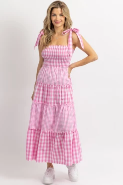 DAY + MOON PINK MIXED GINGHAM SMOCKED MAXI DRESS