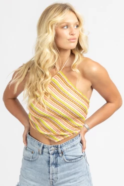 BLUE BLUSH MULTI-PINK STRIPE KNIT HALTER SCARF TOP