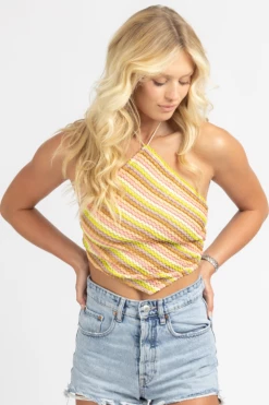 BLUE BLUSH MULTI-PINK STRIPE KNIT HALTER SCARF TOP
