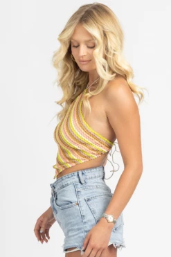 BLUE BLUSH MULTI-PINK STRIPE KNIT HALTER SCARF TOP