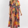 OLIVACEOUS NEW ARRIVALS PINK TROPICS SIDE SLIT MAXI DRESS