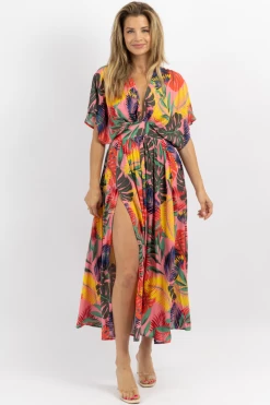 OLIVACEOUS NEW ARRIVALS PINK TROPICS SIDE SLIT MAXI DRESS