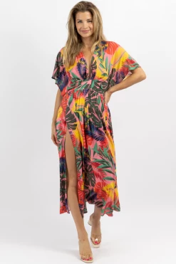 OLIVACEOUS NEW ARRIVALS PINK TROPICS SIDE SLIT MAXI DRESS