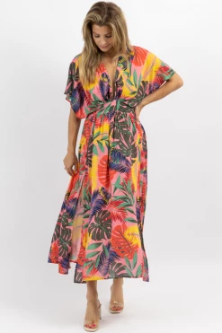 OLIVACEOUS NEW ARRIVALS PINK TROPICS SIDE SLIT MAXI DRESS